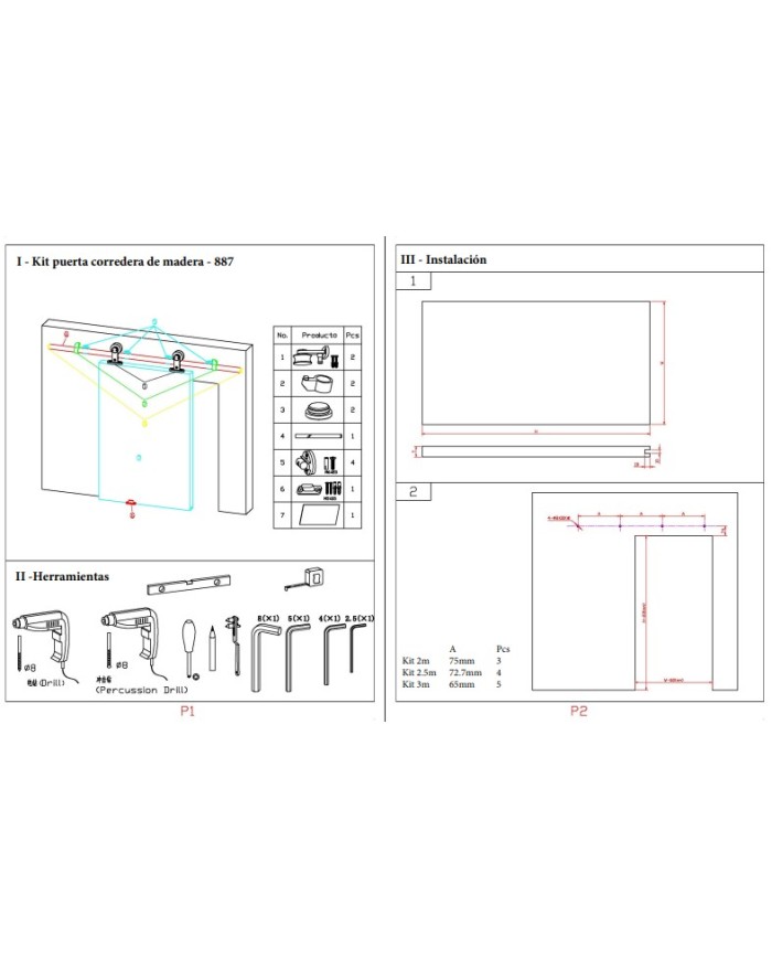 KIT CORREDERA 2M VISTO INOX MADERA DIVALFER