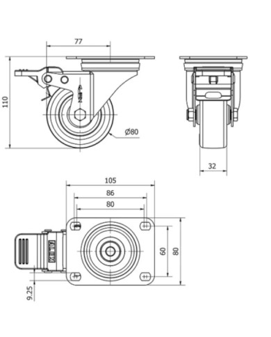 RUEDA GIRA. 80 MM FRENO 2-2366 POLIURE