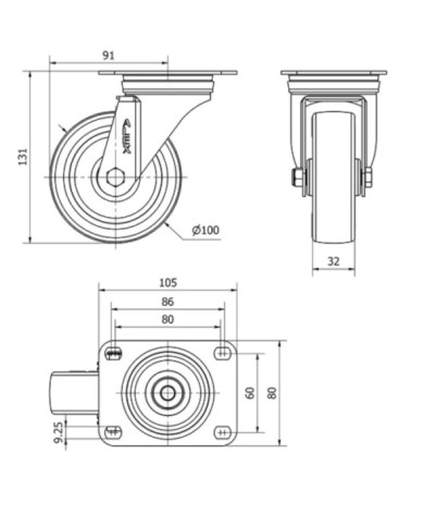 RUEDA GIRA. 100MM  2-2355 POLIURETAN