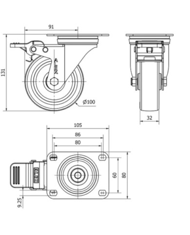 RUEDA GIRA. 100MM 2-2367 FRENO POLIURE