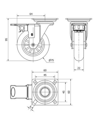 RUEDA SLIP D75 PLETINA TRANS, C/FRENO