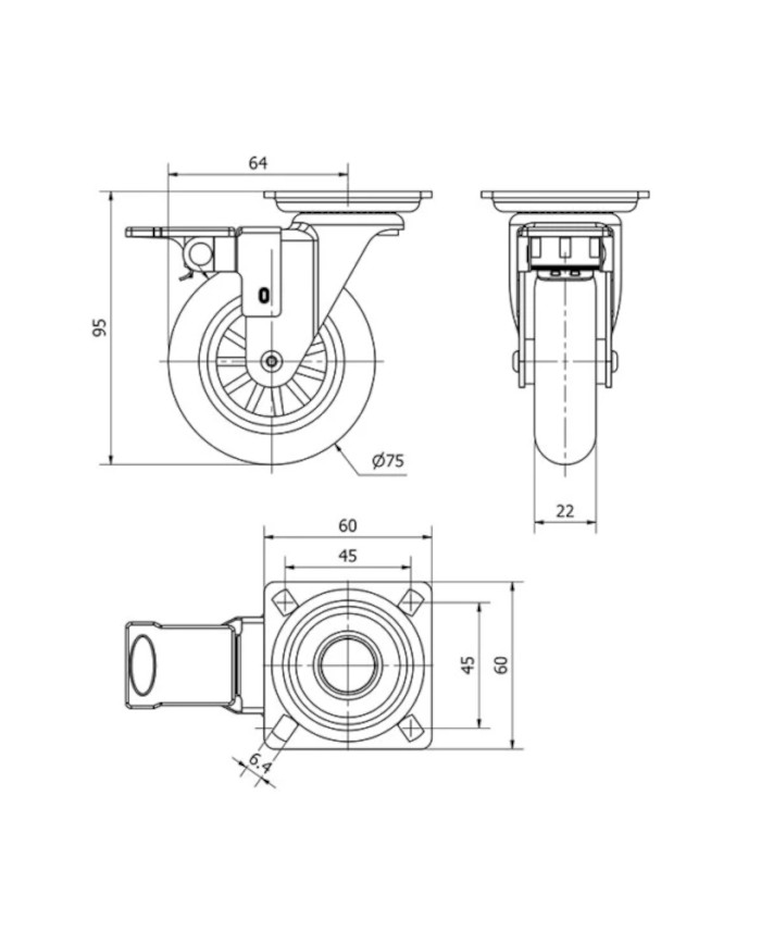 RUEDA SLIP D75 PLETINA TRANS, C/FRENO