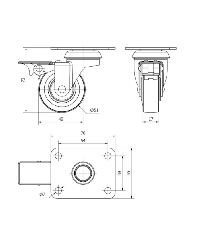 RUEDA GIRA. 50MM FRENO TW0159 GOMA
